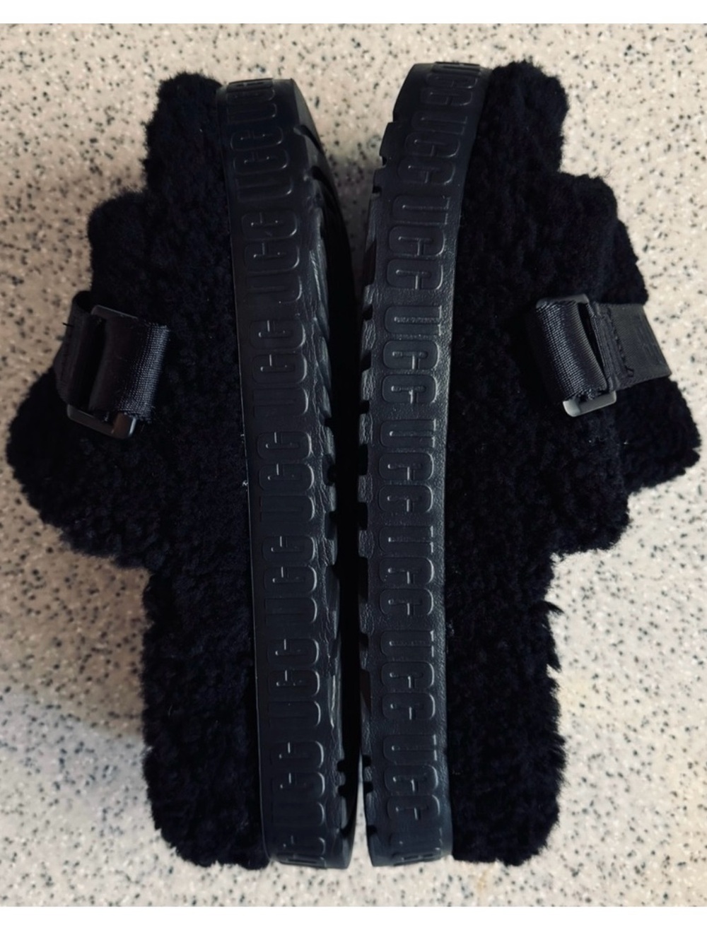 UGG Black Fluffita Flatform Curly Sherp Slide Sandals with Adjustable Buckle.9 - Picture 5 of 10